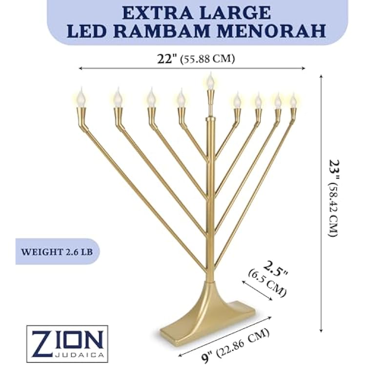Large Rambam Display Electric Menorah with 10 LED Flame Shape Bulbs E10 - Traditional Angled V Shape USB Powered Electronic Hanukkah Minorah - Lighted Chanukah Decorations By Zion Judaica (Satin Gold)