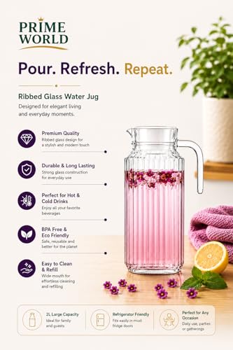 Image of PrimeWorld 2L Ribbed Glass Water Jug with Transparent Lid & Handle | Hot & Cold Beverage Pitcher for Juice, Milk, Tea & Lemonade | Stylish Glass Carafe for Home & Kitchen