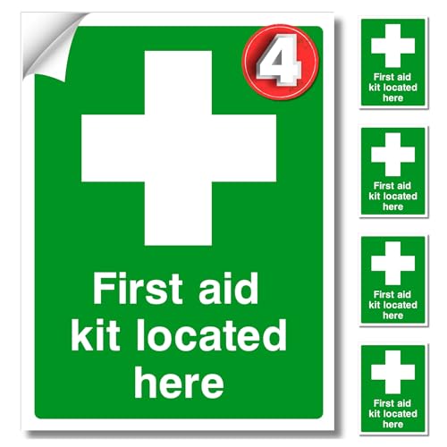 Image of First aid kit Located here Safety Signs, Self Adhesive Vinyl 2pcs or 4Pcs, Health & Safety Compliance, Waterproof -Oil Proof, First Aid Stickers, Mixed Design, Restaurants, Schools, Hospitals
