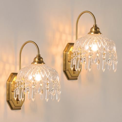 LOSNEOLAZ 2-Pack Vintage Wall Sconce,Glass Crystal Wall Sconce, Antique Brass Finish Set of Two for Bedroom Bathroom Hallway Living Room Decor