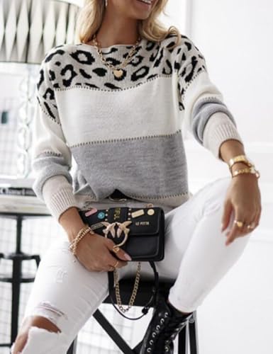 FindThy Women’s Leopard Printed Striped Sweater Crewneck Knitted Long Sleeve Color Block Pullover2