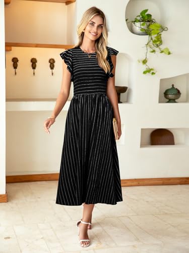 Image of Simplee Womens Striped Midi Summer Dress Linen Smocked Flutter Short Sleeve Dress Flowy Casual Dress with Pockets