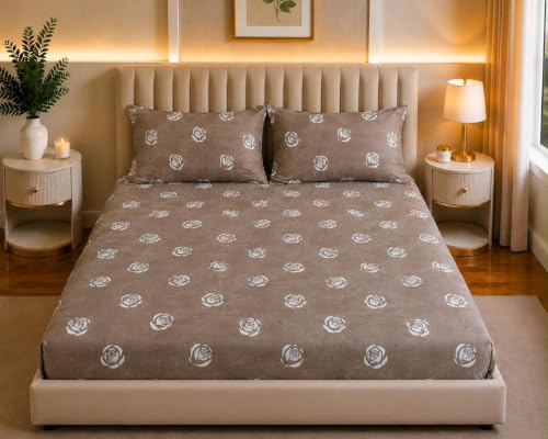Image of Castiqa Elastic Fitted Supersoft Premium Polycotton 200TC King Size Bedsheets with 2 Pillow Covers | No Slip Bedsheet | (Brown Petals, King (72x78 Upto 10 inch Mattress))