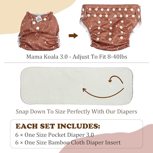 Mama Koala 3.0 Cloth Diapers for Babies with AWJ Lining, 6 Pack with 6 5-Layer Natural Cloth Diaper Inserts - Reusable and Washable Pocket Diapers(A-Spring Sprouts)