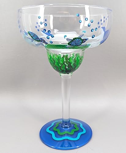 Sea Turtle Family Margarita Glass - Hand Painted - Baby & Momma Sea Turtles Underwater