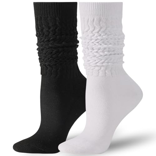 Image of Pleneal 2 Pairs Slouch Socks for Women Long Slouchy Scrunch Socks, Knit Chunky Boot Sock,Black&White