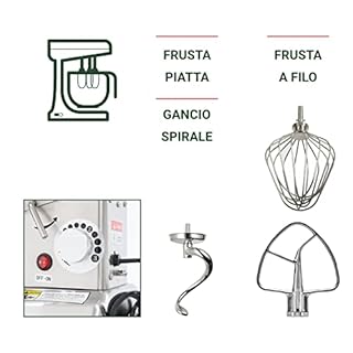 Ristoattrezzature Planetaria Impastatrice Professionale Monofase - Capacità 5 lt (Capacità Farina 500g, Capacità Impasto 2 kg) - Giri Motore 0-302 Rpm, Potenza 0.5 kW