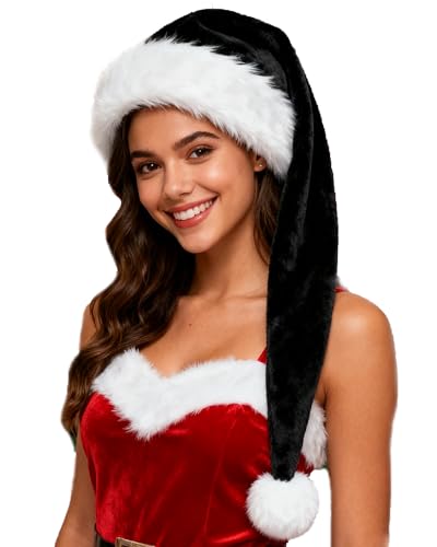 Asekonc Christmas Black Santa Hat Long Adults Deluxe Black and White Xmas Hat for Black Christmas Theme New Year Festive Holiday Party Supplies