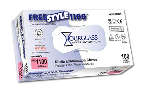 Hourglass HandPRO FreeStyle1100 Nitrile Glove, Exam, Powder Free, 240mm Length, 0.06mm Thick, X-Small (Box of 100)