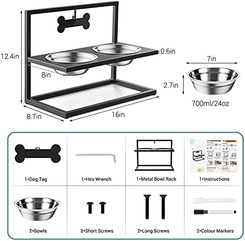 Pawaboo Elevated Dog Bowls 3 Heights Adjustable, Non Skidding Metal Frame Raise Pet Feeder Bowls for Dog and Cat, Stainless Steel Food and Water Bowls with A Name Tags and 2 Markers - Black