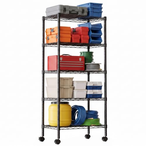 Image of DUMOS 5-Tier Metal Storage Shelves, Shelving Unit, Storage Rack, 23.2 inch W | 59 inchH, Lockable Wheels, Wire Adjustable Standing, Heavy Duty Steel Organizers, Kitchen Bathroom Pantry Garage Office