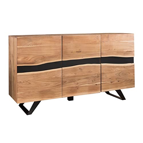 FineBuy Sideboard Akazie Massivholz 150 cm mit 3 Türen- Massive Retro Baumkanten Kommode - Design Natur Anrichte - Handmade Industrial