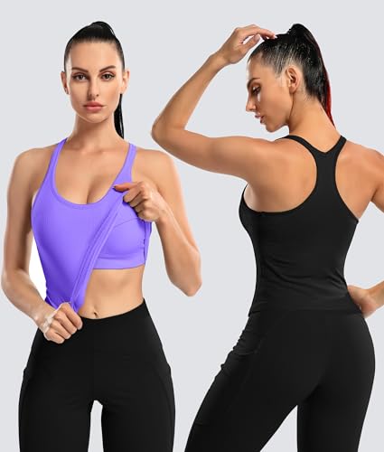 Image of ATTRACO Ribflex Ribbed Workout Crop Tops with Built in Bra for Women Yoga Racerback Tank Top Slim Fit
