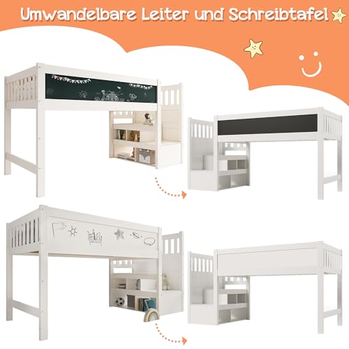 Merax Kinderbett Halbhochbett 90x200 cm, mit Whiteboard&Tafel für Kinder, Hochbett mit Treppe Staufach Stauraum-austauschbar, Lattenrost und Rausfallschutz, Ohne Matratze, Weiß/253x97x112cm