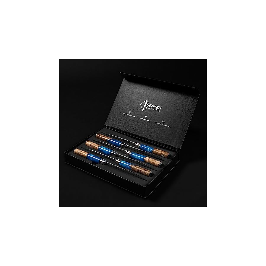 SENKEN-Damascus-Steak-Knife-Set-Tsunami-Collection-67-Layer-Japanese-VG10-Steel-Razor-Sharp-Serrated-Blades-Blue-Resin-Natural-Wood-Pattern-Handles-Luxury-Gift-Box-6-Steak-Knife-Set SENKEN Damascus Steak Knife Set - Tsunami Collection - 67-Layer Japanese VG10 Steel - Razor Sharp Serrated Blades, Blue Resin & Natural Wood Pattern Handles, Luxury Gift Box (6 Steak Knife Set)