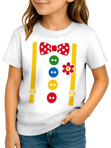 MoonWorks Kinder T-Shirt Mädchen Fasching - Clown Hosenträger - Karneval Shirt Kostümidee Last Minute Verkleidung Fastnacht Weiss 129-140 (9-10 Jahre)