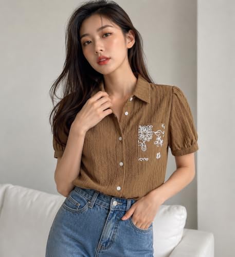 Image of Women's Floral Embroidered Shirt | Elegant Short Sleeve Shirts for Casual & Office Wear | Stylish Summer Button-Down Shirt for Girls & Women