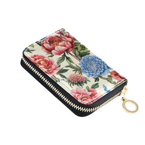 Vintage Pink Blue Florals Women Wallet Zip Around Card Holder Wallets RFID Blocking Small Coin Change Purse with Zipper