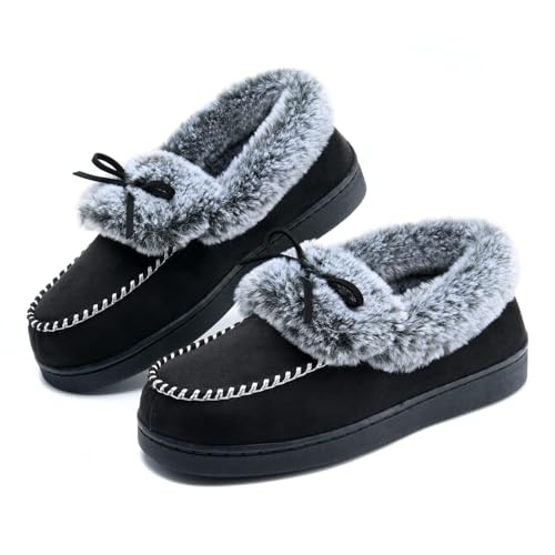 Image of DL Womens Fuzzy Warm Moccasin Slippers Memory Foam, Soft Fluffy Women's Winter House Slipper Closed Back Fur Lined, Cozy Ladies Suede Indoor Bedroom Houseshoes Non-Slip