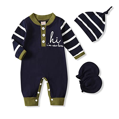 Image of GRNSHTS Newborn Baby Boy Romper Coming Home Outfits Letter Print Bodysuit Jumpsuit+Hat+Gloves 3PCS Clothes Set