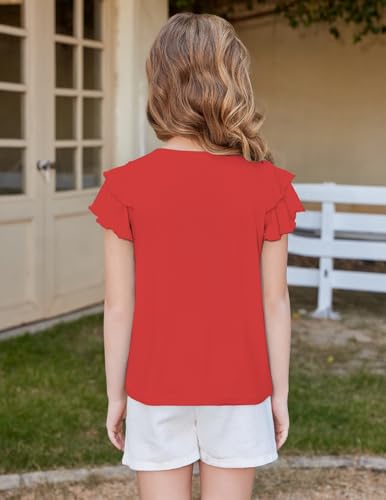 Image of Arshiner Girls T Shirts Ruffle Short Sleeve Summer Pleated Crewneck Casual Tops Tees Blouses