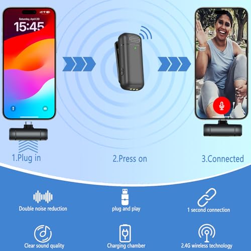 2 microfones de lapela 3 em 1 sem fio para iPhone, iPad, USB C, laptop Android com capa de carregame