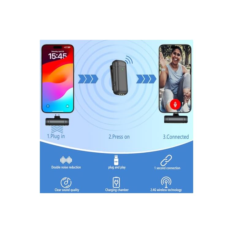 2 Pcs 3 in 1 Wireless Lavalier Microphones for iPhone iPad USB C Android Laptop with Charging Case, Clip on Lapel Mic Plug-Play Cordless Mini Mic for Video Recording Vlogging, YouTube, Interview - Image 5