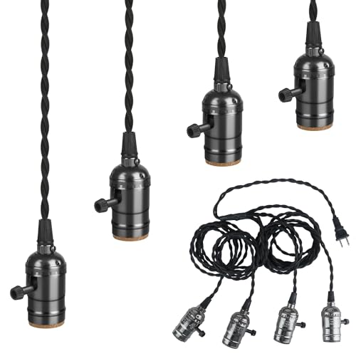 Yiliaw 20FT 4 Lights Plug-in Pendant Light Cord With Switch - Industrial Hanging Lamp Kit With E26/E27 Sockets - DIY Fixture for Farmhouse Bedroom Living Room Decor