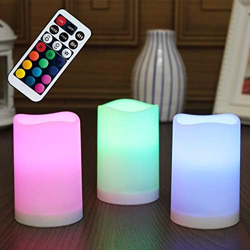 WRalwaysLX Flameless Plastic Pillar Candles Outdoor and Indoor Decorative, Color Changing LED Flickering Candles with Remote Control and Timer, Set of 3, 2.5" D X4 H by 3*AAA Batteries(not Included)