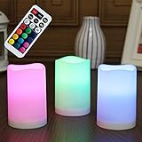 WRalwaysLX Flameless Plastic Pillar Candles Outdoor and Indoor Decorative, Color Changing LED Flickering Candles with Remote Control and Timer, Set of 3, 2.5'D X4'H by 3AAA Batteries( not Included)