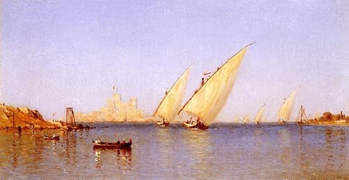 Toile paysage grand format salon tableau bateaux de pêche Brindisi