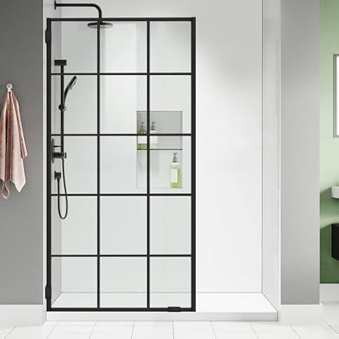 Bathroom Shower Door 30.1" W x 78.75" H, Framed Fixed 5/16" (8mm) Thick Clear Tempered Glass Door Panel, Matte Black Silk-Print Grid Cover