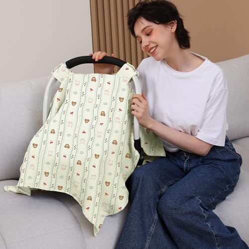 Image of 100% Muslin Cotton Car Seat Cover Baby, Carseat Canopy Cover, Universal Fit Stroller Covers for Boys and Girls (Nice Day)