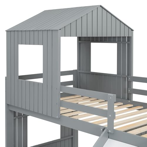 Image of Bellemave Bunk beds Twin Over Full with Slide,Ladders,House roof Design, Low bunk /loft Bed for Kids, Gray