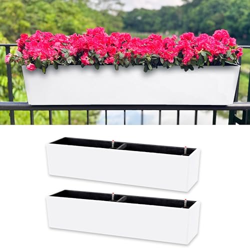 LaLaGreen Hanging Planter Boxes (2 Pack, 40") Extra Large White Rectangular Window Flower Box with Bracket Self Watering System Railing Planters for Outdoor Plant Pot Container Deck Rail Fence Balcony