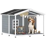 PawHut Hundehütte wetterfestes Hundehaus aus Holz 103 x 107 x 83,5 cm Erhöhte Hundehöhle mit aufklappbarem Asphaltdach, Terrasse, Fenster, Outdoor Hütte für mittelgroße Hunde bis 20 kg Grau