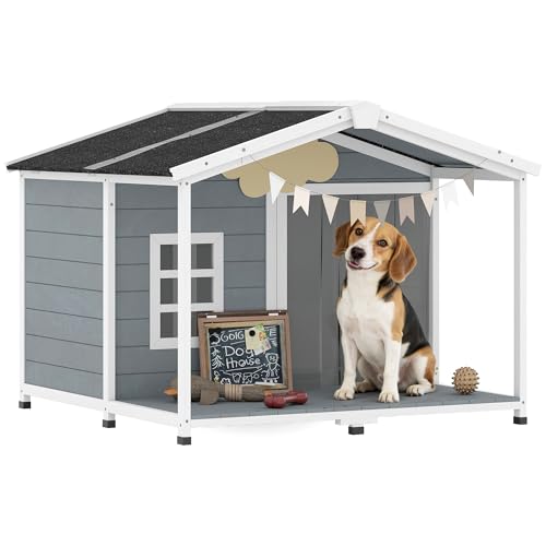 PawHut Hundehütte wetterfestes Hundehaus aus Holz 103 x 107 x 83,5 cm Erhöhte Hundehöhle mit aufklappbarem Asphaltdach, Terrasse, Fenster, Outdoor Hütte für mittelgroße Hunde bis 20 kg Grau