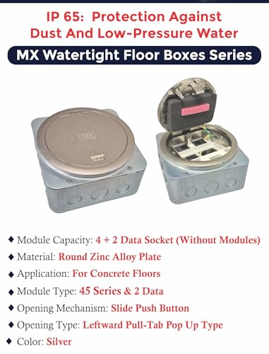 Image of MX Watertight 4+2 Data Socket Round Pop-Up Floor Box - IP65 Zinc Alloy, Concrete Floor Power & Network Access, 45 Series Modules, Office & Commercial Use
