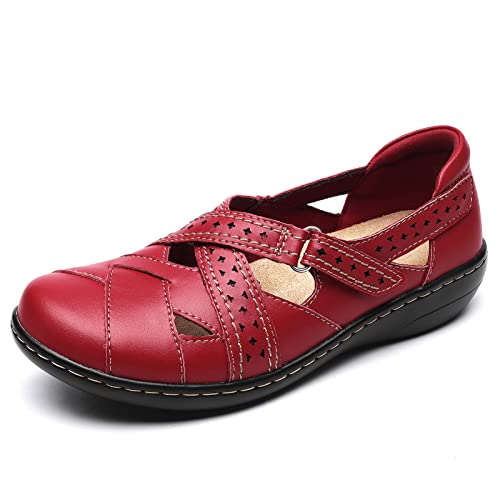 Terrikat Women's Casual Red Loafers Cute Slip On Comfort Walking Flats Leather Driving Moccasins Fashion Closed Toe Boat Shoes 1308-Hon8 #TOP1