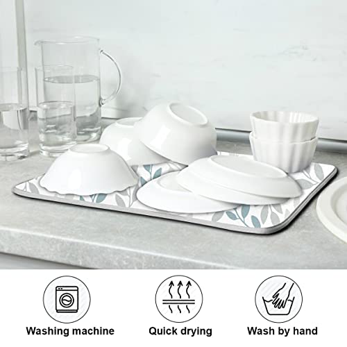 Grey And Blue Leaves Branches Dish Drying Mat 16X18 For Kitchen Gray Leaves Botanical Spring Flowers Dishes Pad Dish Drainer Rack Mats Absorbent Fast Dry Kitchen Accessories #TOP6