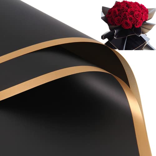 20 Sheets black and white border Flower Wrapping Paper Florist Bouquet Supplies Waterproof Thicken Floral Wrapping Paper Gift or Gift Box Packaging Paper 23 x 23 inch (Black&Gold Edge)
