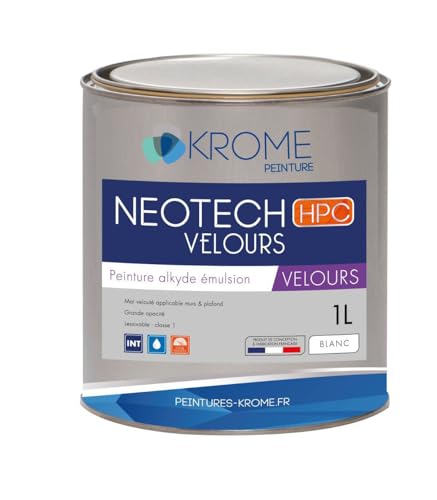 KROME PEINTURE - Krome Neotech Velours Peinture de Finition Murs et Plafonds - Intérieur - Conditionnement 1L, Couleur BLANC