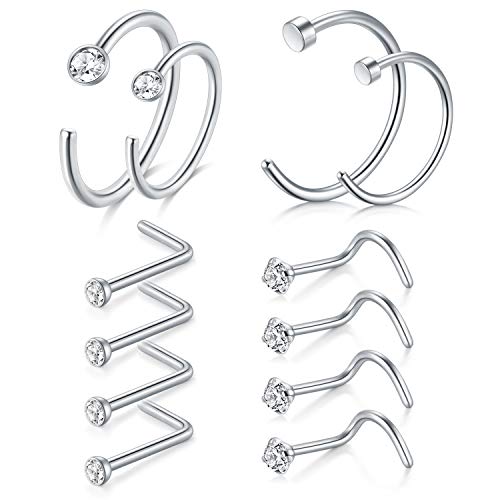 D.Bella Bone Nose Studs, 20G 316L Stainless Steel Silver Nose Ring Studs Bone Nose Studs Screws Body Piercing
