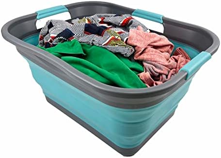 SAMMART 30L Collapsible Plastic Laundry Basket - Foldable Pop Up Storage Container/Organizer - Space Saving Hamper/Basket - Water Capacity 24L (Grey/Crystal Blue)
