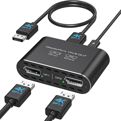 JCYMELE 4K120Hz Dual DisplayPort Splitter for 2 Monitors Extended Display DP Port to Dual DP Splitter 1 in 2 Out Adapter for Laptop Computer PC and Graphics Card