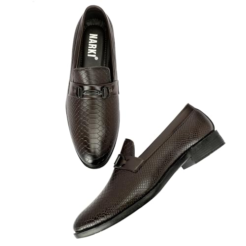 Image of NARKI Men's Tan Formal Loafers - Stylish Slip-On Synthetic Leather Dress Shoes | Textured Office Wear Shoes for Men