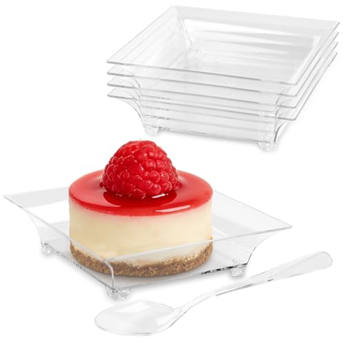 Qeirudu 100 Pack 1 oz Mini Dessert Plates - Small Plastic Appetizer Plates with Spoons Reusable Square Individual Serving Trays for Hors Doeuvres