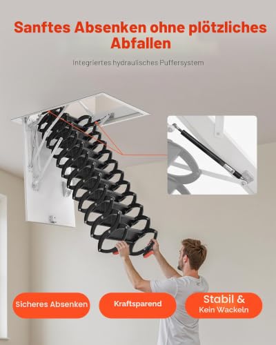 VEVOR Dachbodenleiter, Tragkraft 299,4 kg, passend für Deckenhöhen von 2,9-3,1 m & Öffnungsgröße von 1000,76x698,5 mm, Scherentreppe aus legiertem Stahl mit Zugstange für Dachboden