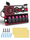 AMOMD Aluminum Rocker Switch Panel with American Flag Pattern 6P ON Off Toggle Switch Dual USB Charger Female Power Adapter Socket and Digital Voltmeter for Boat Car RV Vehicles Electrical (Red)