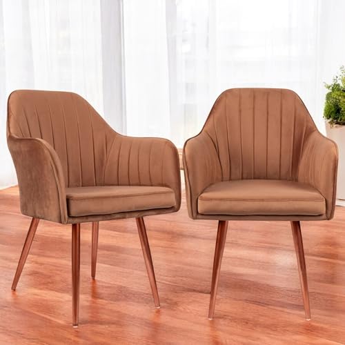 Image of Set of 2 Accent Chair for Living Room | Modern Armchair in Soft Velvet Fabric with Sturdy Legs | Premium Chair for Home Living Room Bedroom Restaurent | (Bronze Legs, Light Brown)